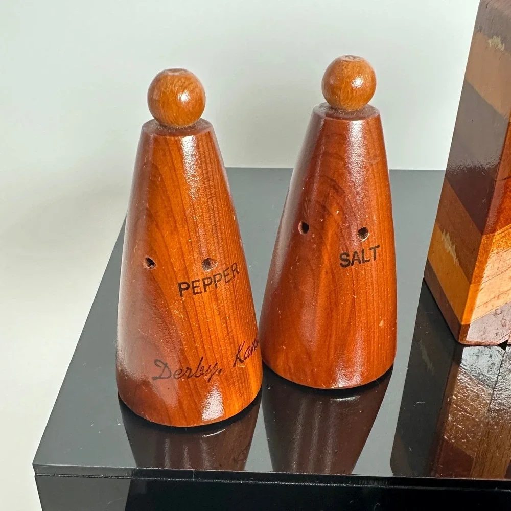 Vintage Salt Pepper Shaker Set Lot of 5 Wood Inlay Souvenir Novelty Rustic Mini